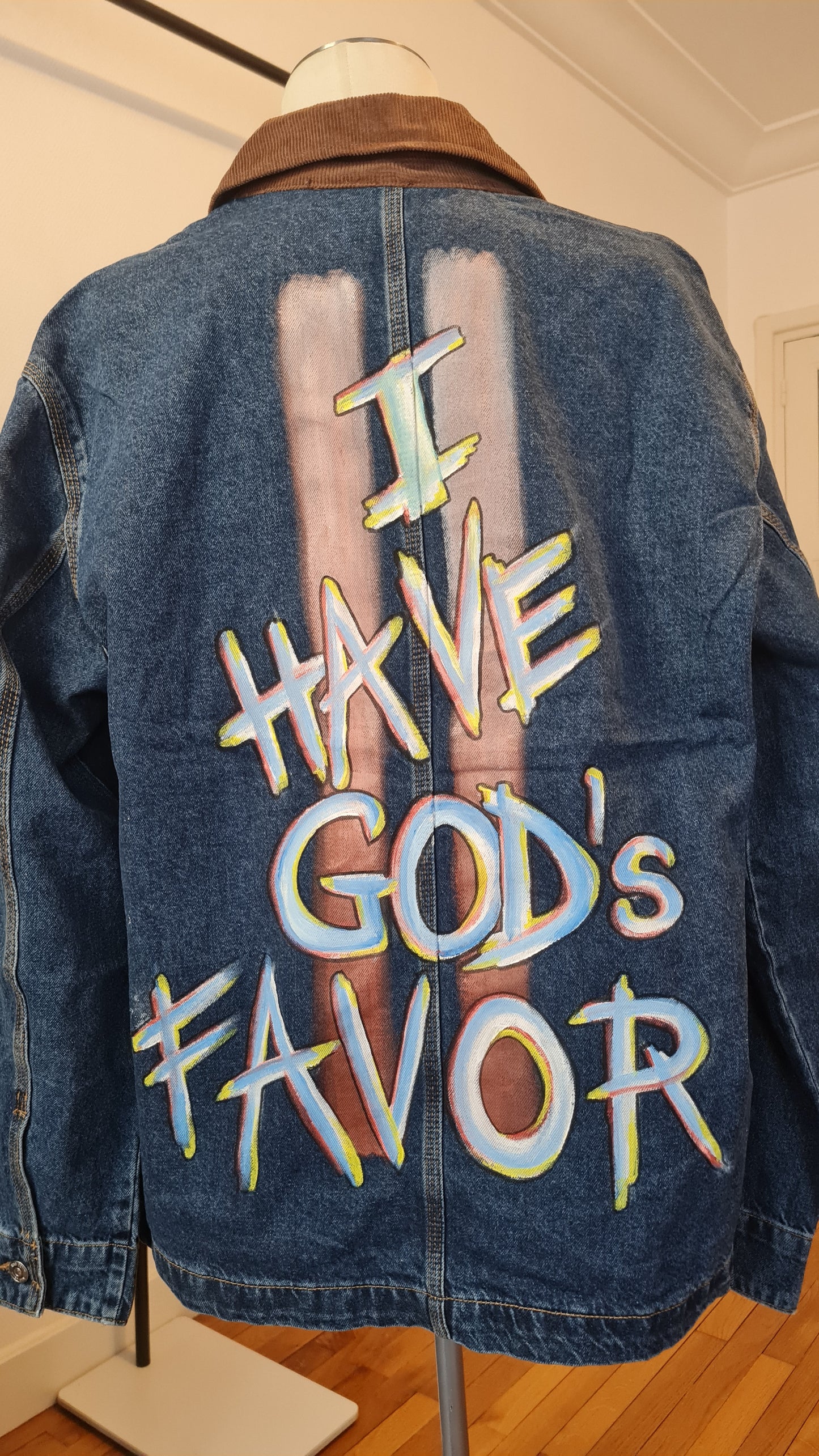 Veste en jean « I HAVE GOD’S FAVOR »