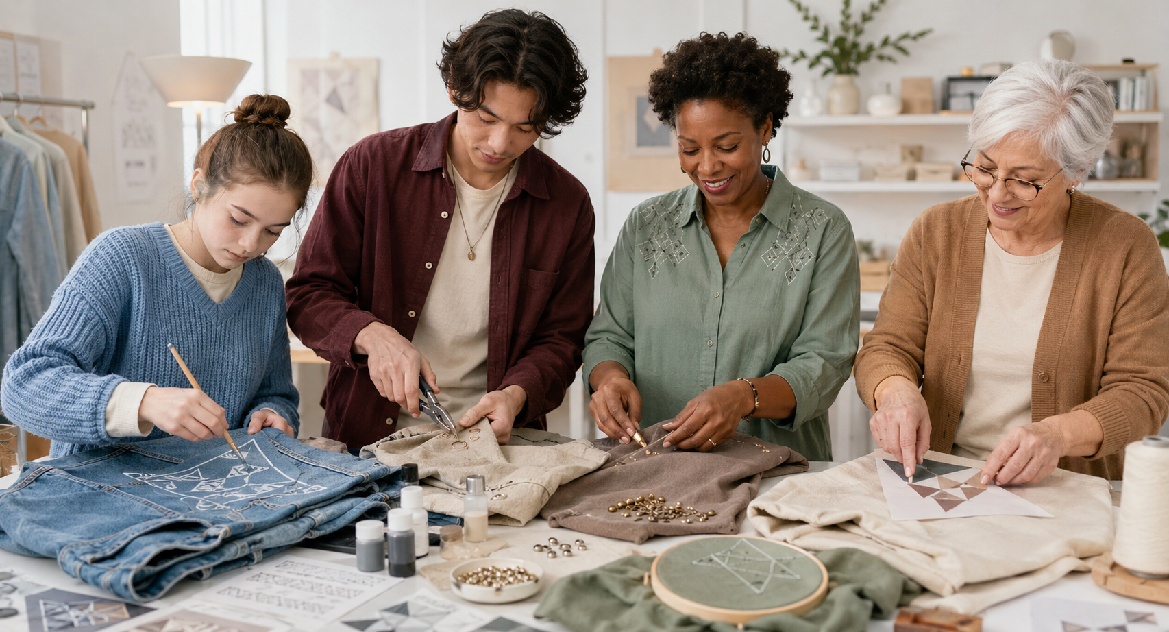 Participants personnalisant plusieurs vêtements pendant un atelier